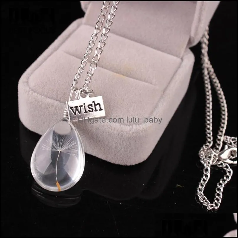 Dandelion Wish Necklace Real Flowers Pendants Silver Chain Necklace Women Vintage Jewelry Bohemian Crystal Necklaces