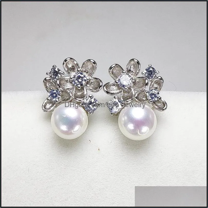Cultured Pearl Earrings 925 Silver Stud Earrings Summer Style 7-8mm Zircon Earrings for Women Girl DIY Wedding Girlfriend Gift Pearl