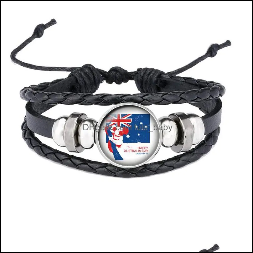 Australia Day Flag Koala Pattern Glass Cabochon Snap Charm Men`s Leather Bracelet Adjust Size Leather Bracelet for Gift B058