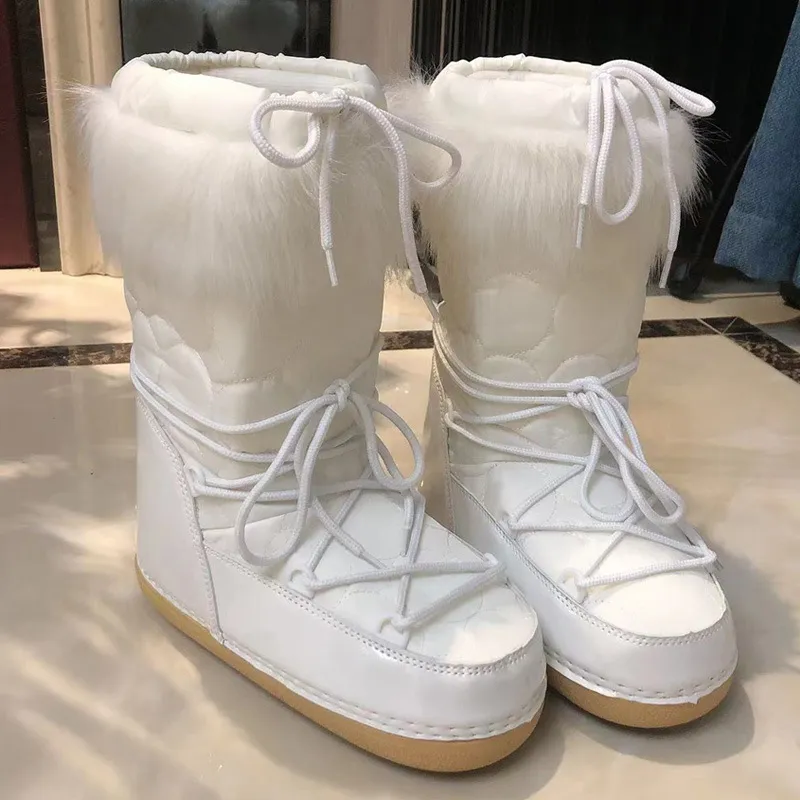 Boots Winter Snow Women Ski Fluffy Hairy Lace Up Middle Calf Platform Flat With White 220928