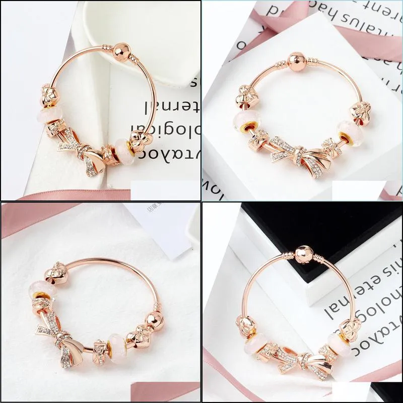 Strands fashion rose gold shining bow bracelet 18-20cm love charm glass bead jewelry wholesale