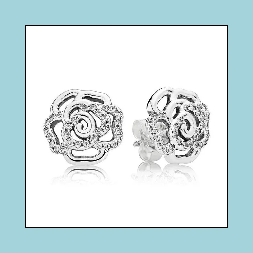 FAHMI 100% 925 Sterling Silver 1:1 Fashion Daisy Rose Stud Earrings Water Drops Love Star Ice Crystal Paw Inlay Earring