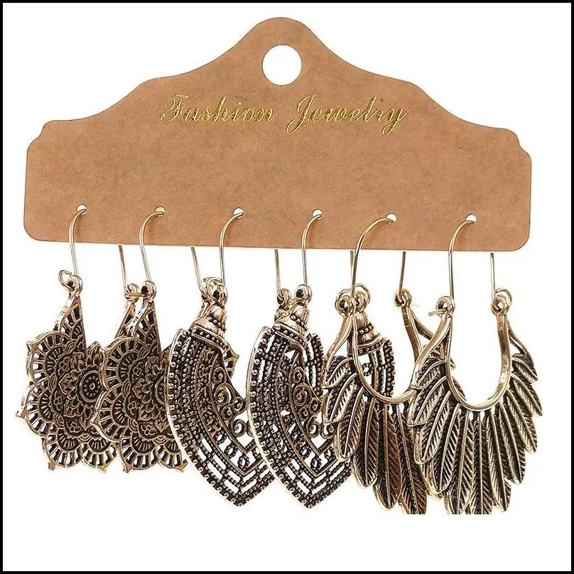 3Pair/Set Boho High Quality 2020 New Wedding Party Jewelry Vintage Ethnic Antique Silver Leaf Dangle Earrings Women Wholesale