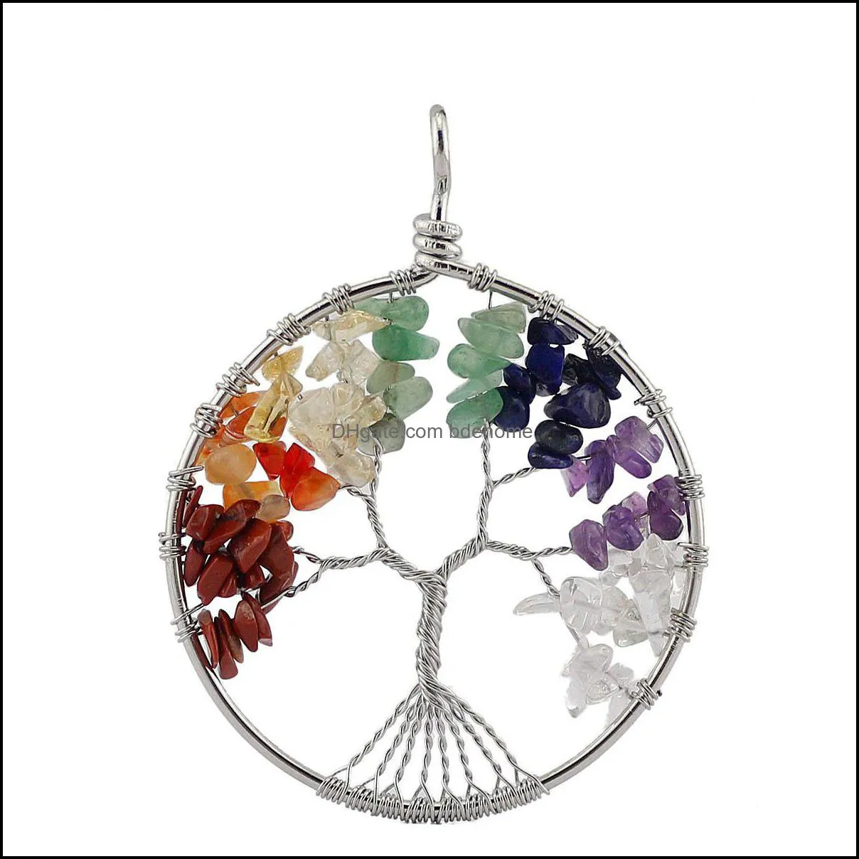 Natural Stone Necklaces Pendant Reiki Healing Tree of Life Pendant for Necklace Vintage Antique Stone Chip Bead Jewelry DIY Gift