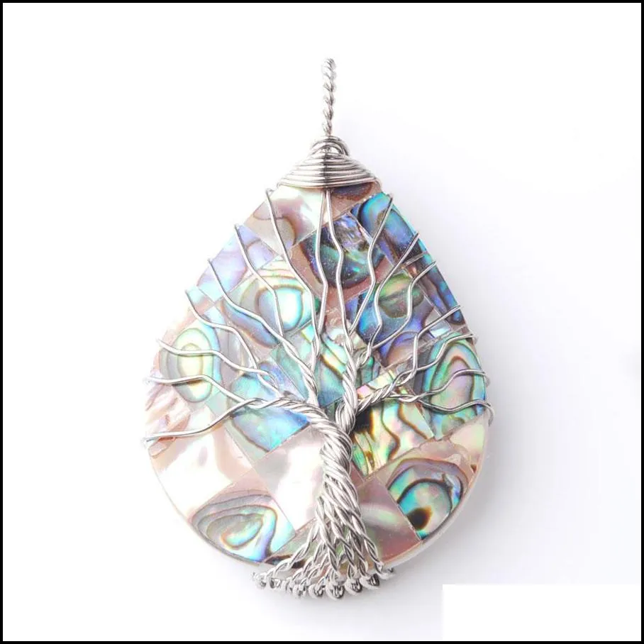 tree of life wire wrap teardrop pearl bead pendant natural colourful abalone shell jewelry gift bw919