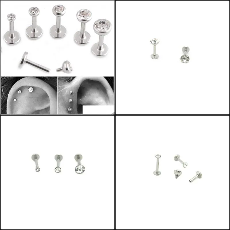 Gem Lip Stud Cartilage Helix Tragus Clear Crystal Ear Labret Piercing Earring BAR Internally Threaded 16G Diamond Lip Ring Lot Surgical