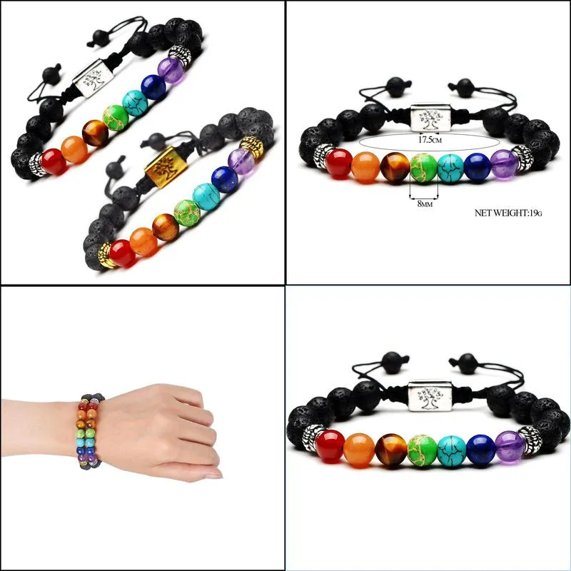Yoga Handmade 7 Chakra Tree Of Life Charm Bracelets Lava Stones Multicolor Beads Rope Bracelet Women Men Bracelets Bangles
