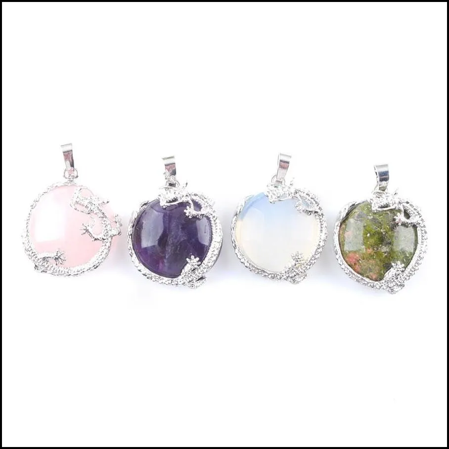 dragon around flat round bead dangle pendants energy jewelry silver necklaces natural stone amethyst opal quartz bn313