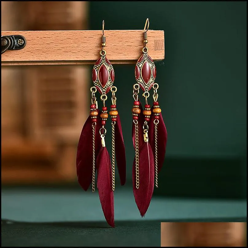 Retro Long Tassel Feather Earrings Enamel Beads Charm Earring Women`s European And American Bohemian Jewelry