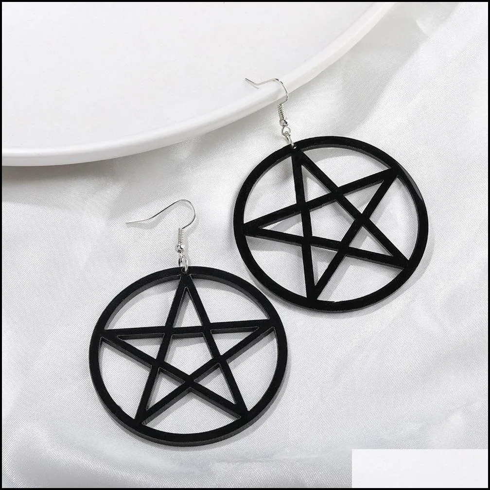 Women`s Punk Acrylic Big Star Dangle Earrings Gothic Black Large Five-pointed Stars Round Drop Earring Fashion Statement Jewelry