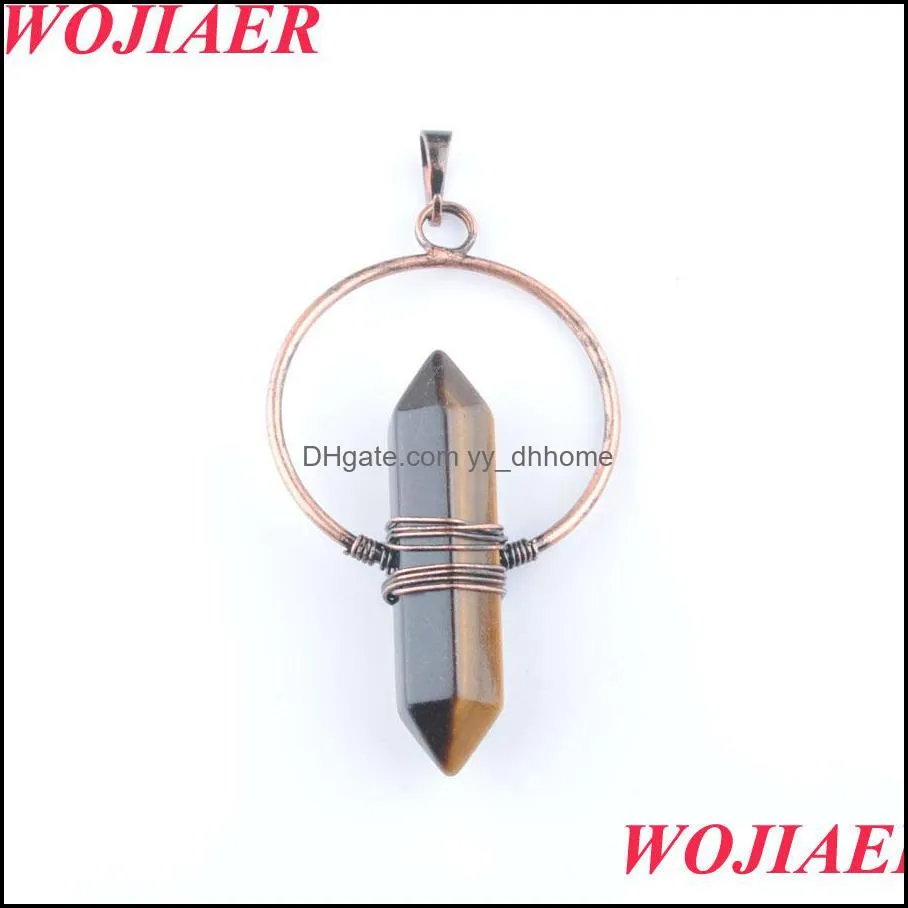 Vintage Natural Stone Pendant Crystal Healing Pointed Hexagon Pillar Circle Wire Wrap Dangle Women BO908