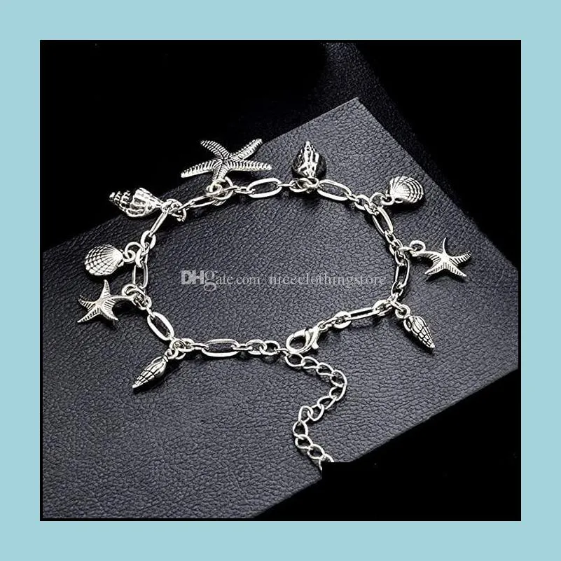 Bohemian Starfish Shell Pendant Anklets for Women Fashion Silver Color Conch Ankle Bracelets On the Leg Boho Beach Accessories
