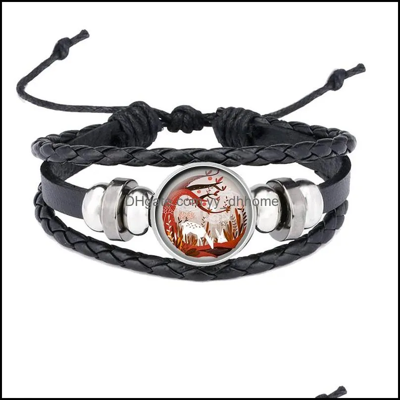 Colorful Elk Photo Black Leather Woven Bracelet Glass Cabochon Handmade Snap Button Jewelry Gift for Men