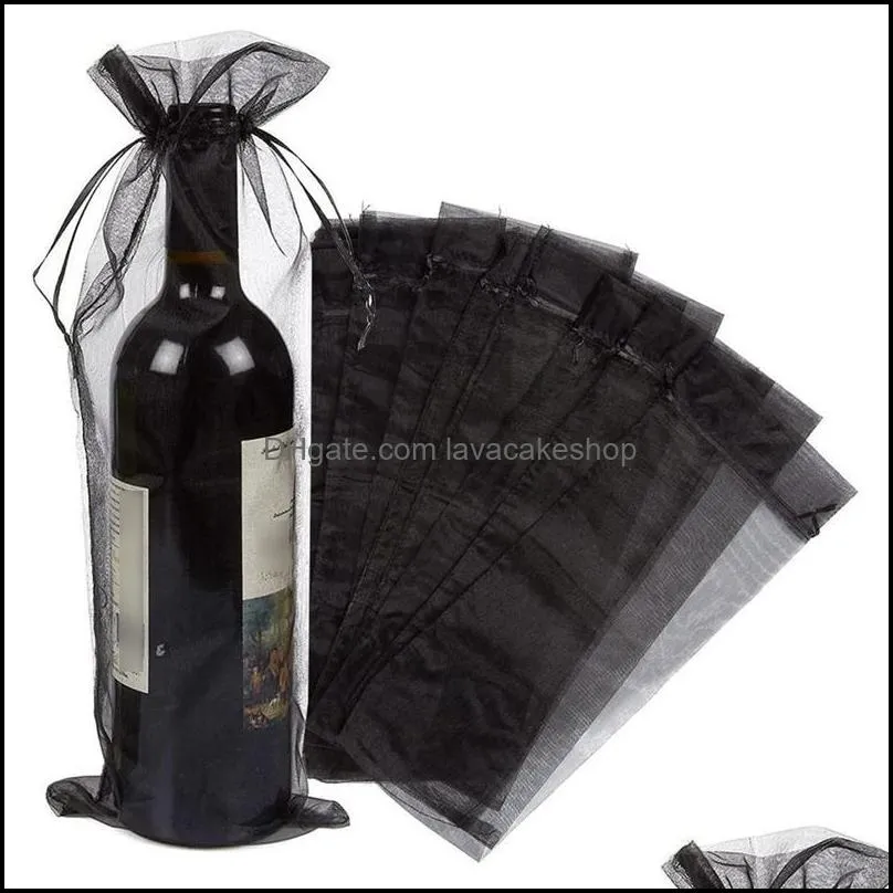 gift wrap 30pcs black organza wine bottle bags sheer mesh pouches covers dresses with drawstring for halloweengift