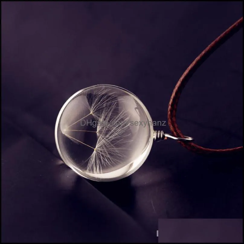 Dried Dandelion Necklace Leather Chain Glass Ball Flower Birthday Gifts Fashion Necklaces