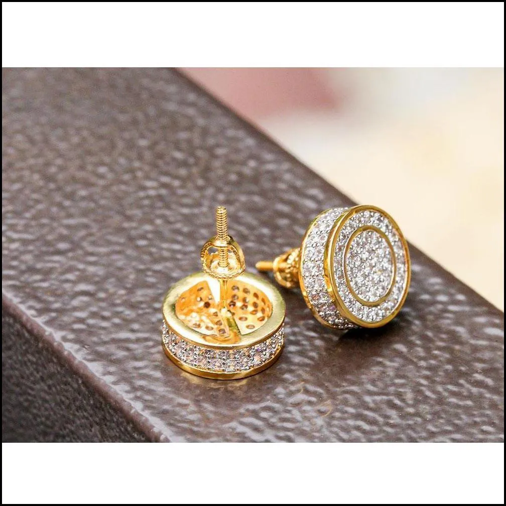 12Mm Iced Out Bling Cz Round Earring Gold Silver Color Plated Stud Earrings Screw Back Fashion Hip Hop Jewelry Pl9Tk