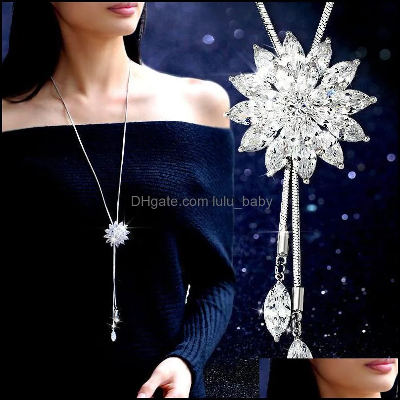 Fashion Elegant Sweater Chain Long Crystal Snow Pendant Water Drop Accessories Tassel Decoration Necklace Jewelry For Women Gift
