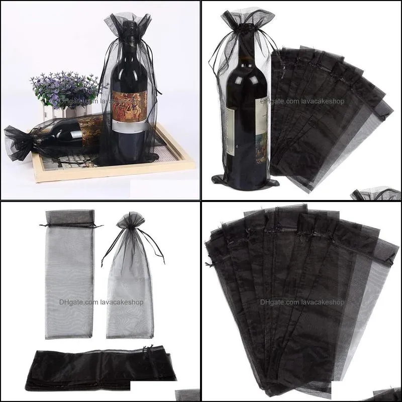 gift wrap 30pcs black organza wine bottle bags sheer mesh pouches covers dresses with drawstring for halloweengift