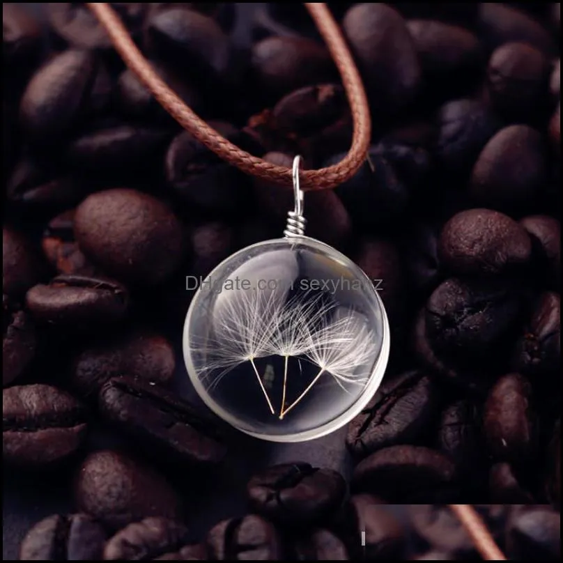 Dried Dandelion Necklace Leather Chain Glass Ball Flower Birthday Gifts Fashion Necklaces