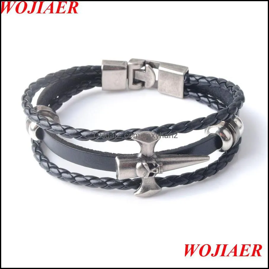 European Fashion Stainless Steel Skull of Cross Multilayer Leather Braid Bracelet Men`s Charm Amulet Jewelry BC002