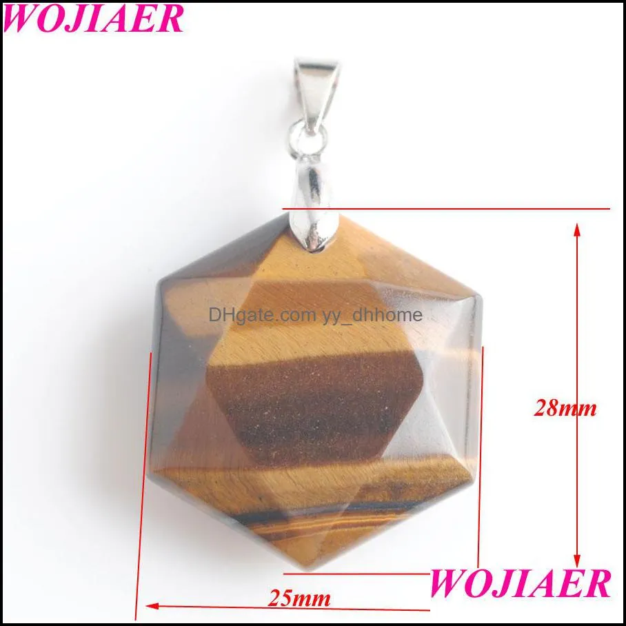 Faceted Hexagonal Natural Gem Stone Pendant Opal Lapis Pink Quartz Tiger Eye Reiki Jewelry Accessories Necklace BE903