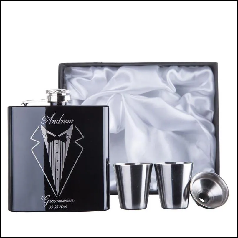 Groomsman gift Personalized Engraved 6oz Hip Flask Stainless Steel With White & Black Box Gift Wedding Favors