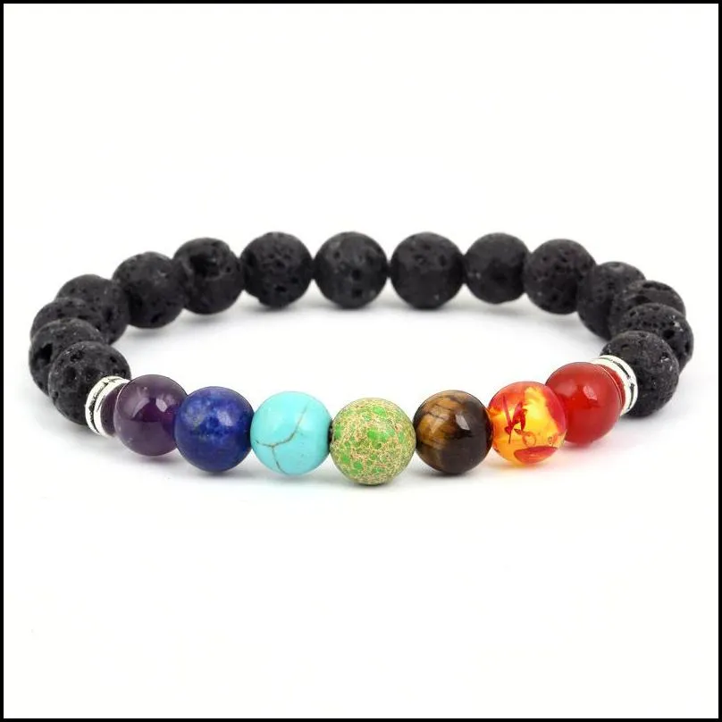 Black Lava Volcanic stone 7 Chakra Bracelet,Natural Stone Yoga Bracelet,Healing Reiki Prayer Balance Buddha Beads Bracelet