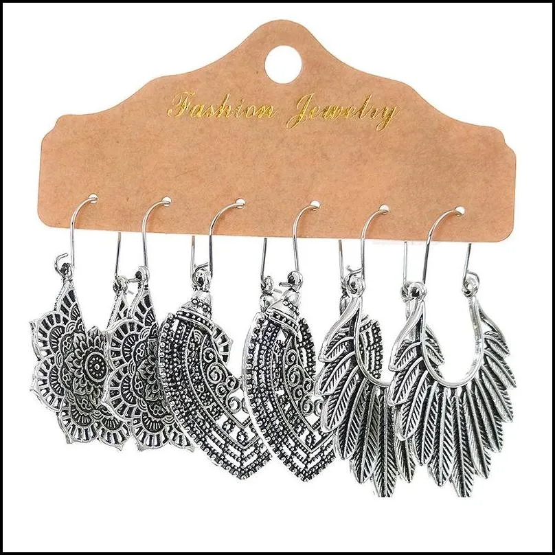 3Pair/Set Boho High Quality 2020 New Wedding Party Jewelry Vintage Ethnic Antique Silver Leaf Dangle Earrings Women Wholesale
