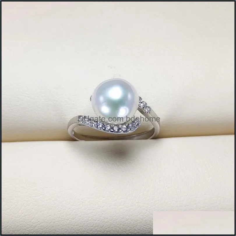 S925 Sterling Silver Ring Freshwater Pearl Ring For Women 8-9 mm Natural Pearl With Zircon Fashion Jewelry Adjustable size Wedding