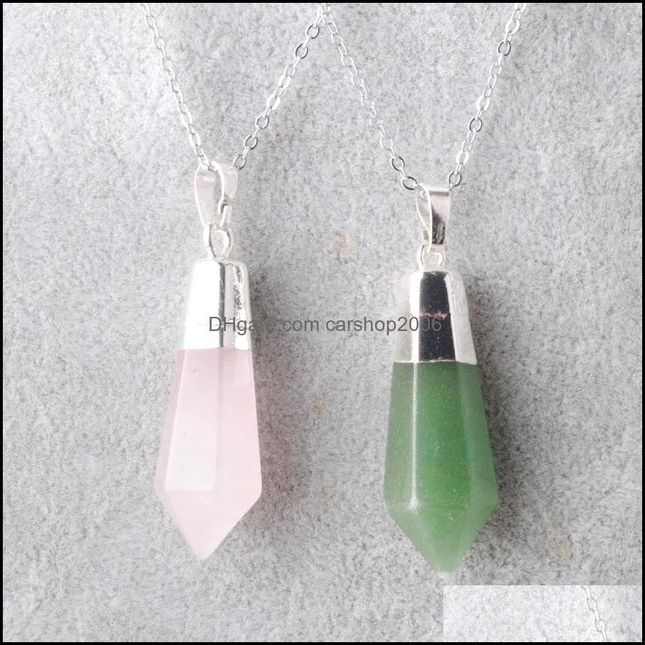 Natural Stone Pendant Necklace Hexagon Prism Pendants Reiki Pointed Crystal Women Charm Jewelry Gifts Chain 18Inches BO942