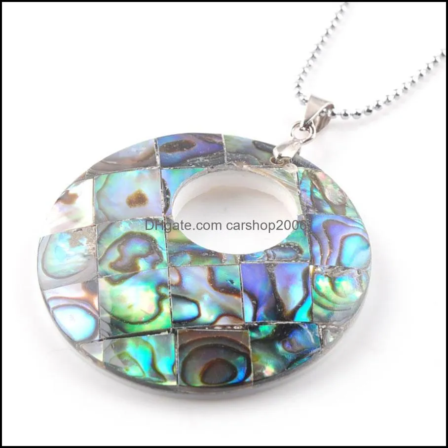 Natural Abalone Shell Pearl Pendants & Necklaces Drilling Hole Round-shaped Reiki Gem Stone Bead Women Girls Jewelry N3364