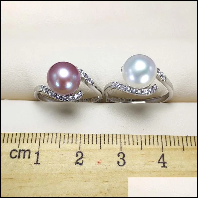 S925 Sterling Silver Ring Freshwater Pearl Ring For Women 8-9 mm Natural Pearl With Zircon Fashion Jewelry Adjustable size Wedding