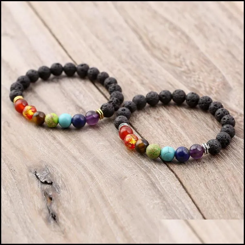 Black Lava Volcanic stone 7 Chakra Bracelet,Natural Stone Yoga Bracelet,Healing Reiki Prayer Balance Buddha Beads Bracelet