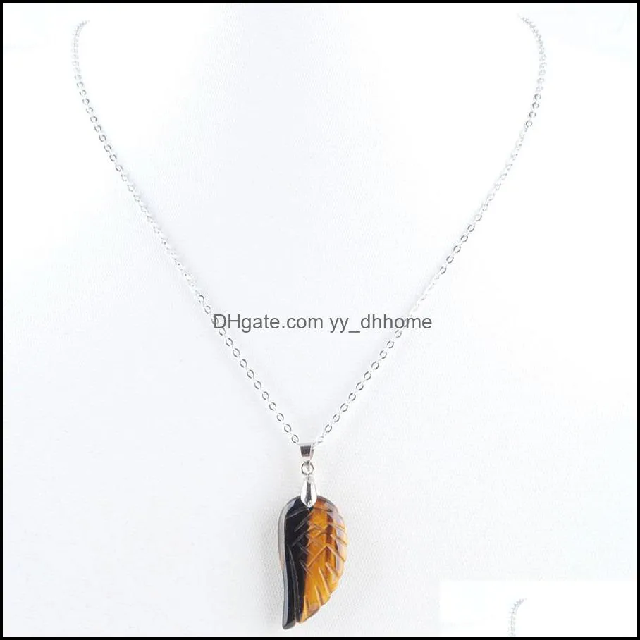 Angel Wings Pendulum Pendant Chains Necklace Jewelry Natural Stone Quartz Crystal Opal Tigers Eye Reiki Beads BN358