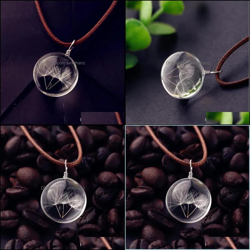 Dried Dandelion Necklace Leather Chain Glass Ball Flower Birthday Gifts Fashion Necklaces