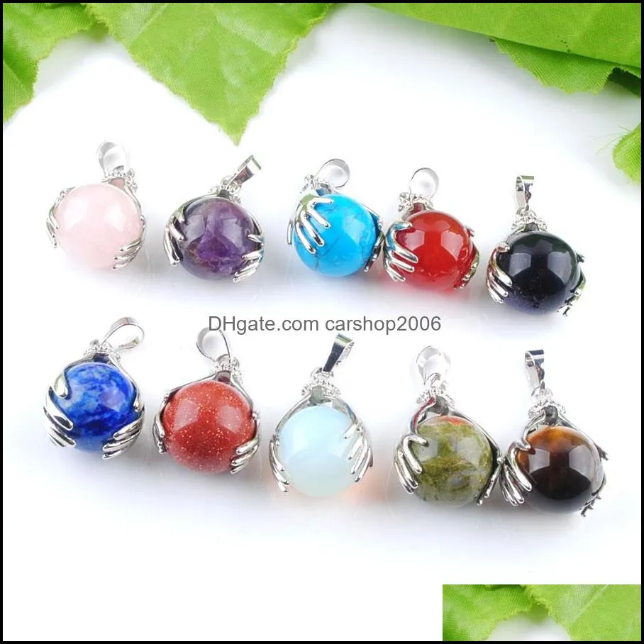 Natural Crystal Palm Pendant Mineral Stone Tigers Eye Lapis Round Ball Bead For DIY Men Female Necklace Jewelry BN312
