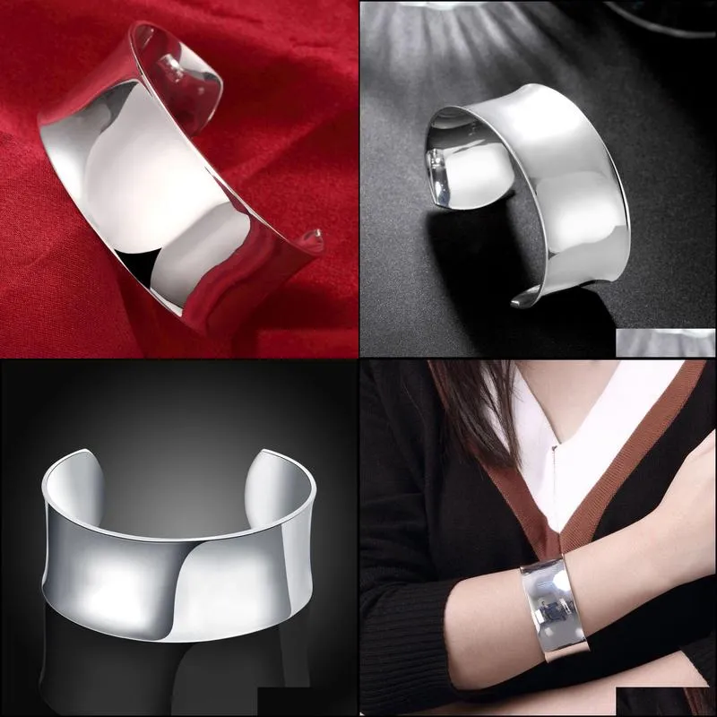 High Quality Silver 925 Jewelry Bangle Bracelet Simple Round Big Open Bangles Women Men Trendy