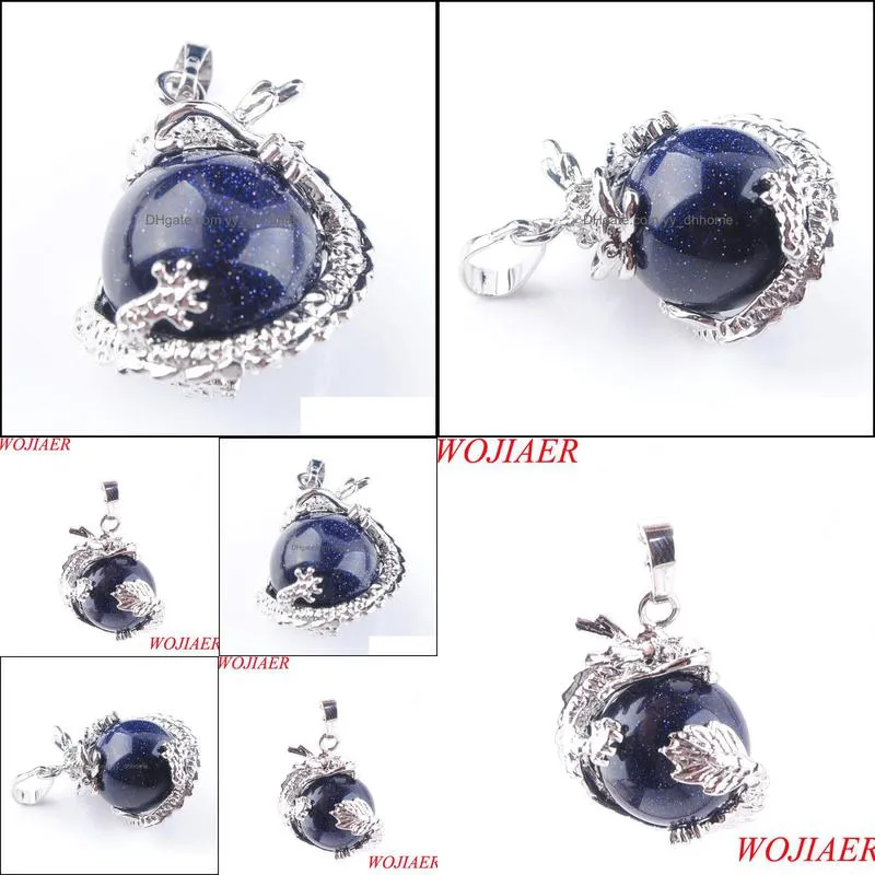 Dragon Stainless Pendant Gothic Handmade Men Jewelry Round Natural Blue Sand Gemstone Ball N3138