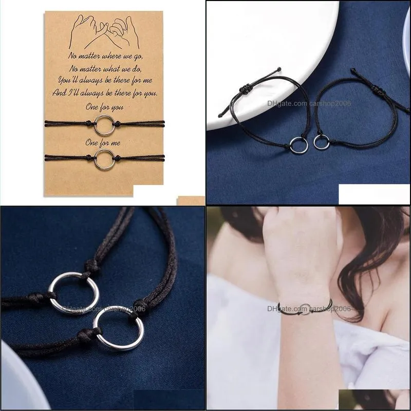 Braided 2pcs/set Charm Bracelet For Friendship Couples Circle Pendant Bangles Women Man Lucky Wish Jewelry