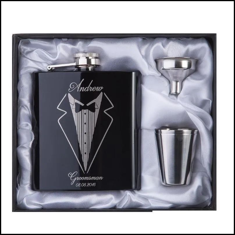 Groomsman gift Personalized Engraved 6oz Hip Flask Stainless Steel With White & Black Box Gift Wedding Favors