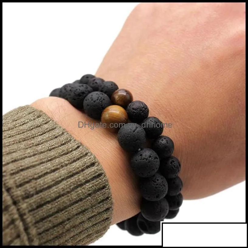 Beaded Strands Bracelets Jewelry Fashion Men Lava Beads Black Volcanic Rock Tiger Eyes Energy Stone Handmade Buddha Prayer Beaded For