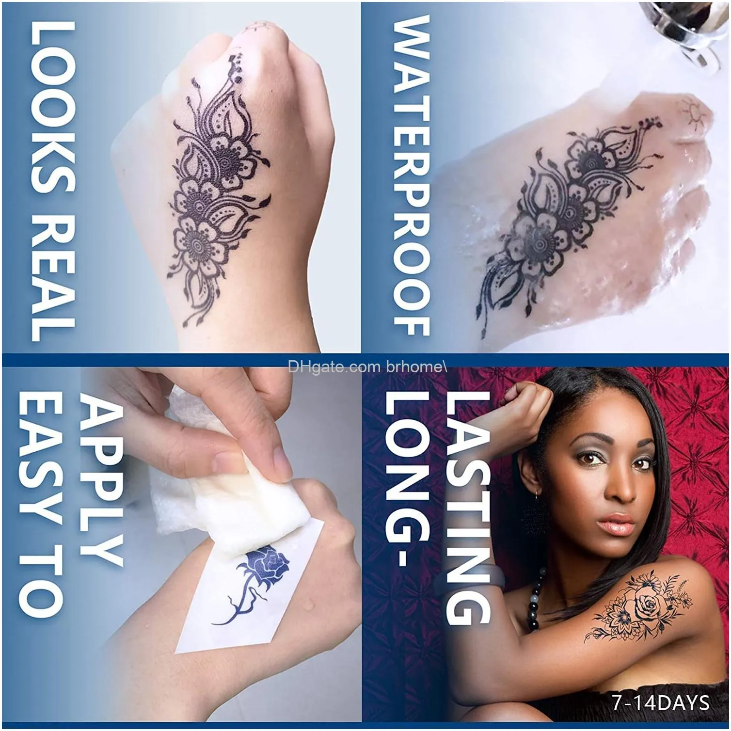 temporary tattoo for women semipermanent tattoos waterproof longlasting 2 weeks dark blue realistic flower fake tattoos