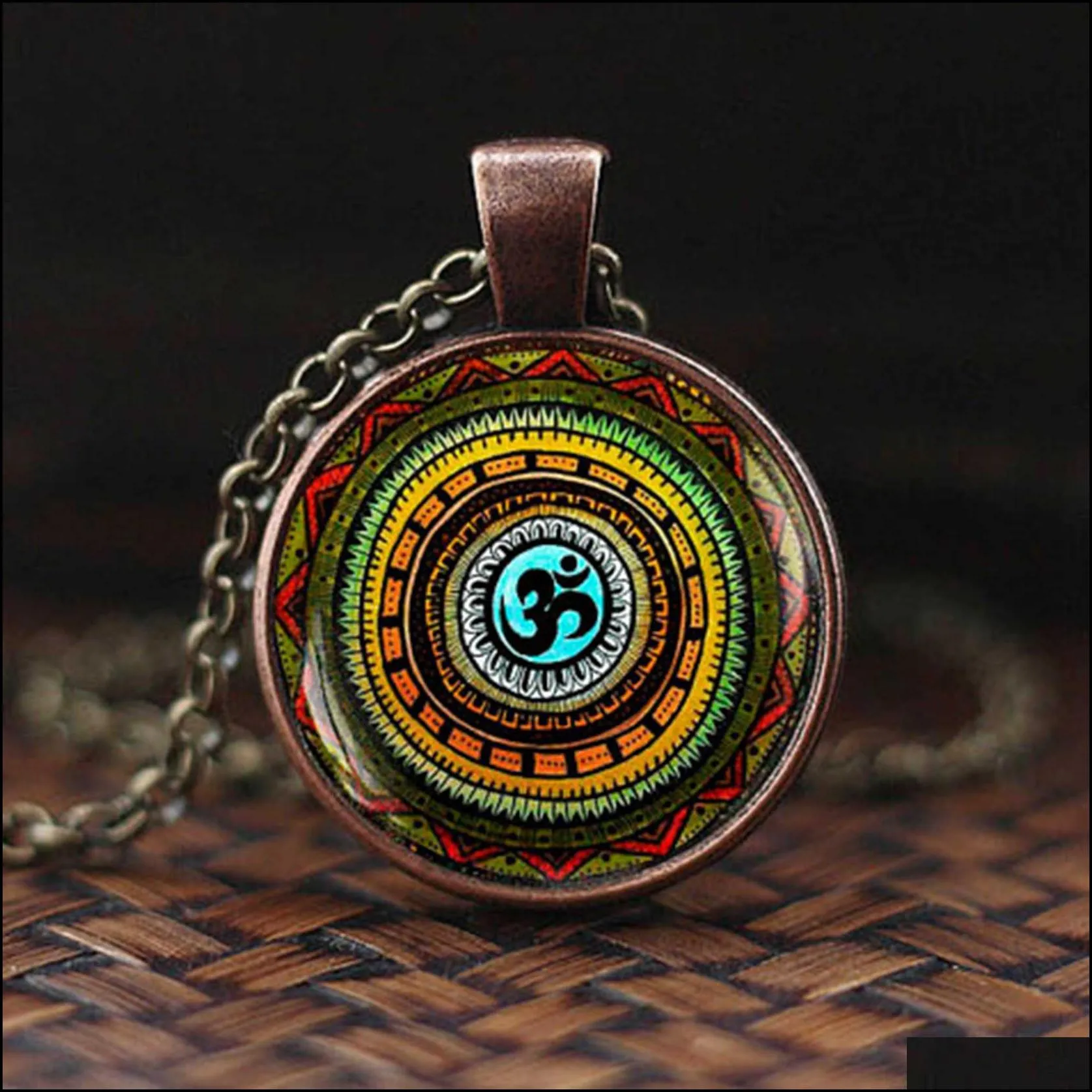 2019 vintage buddhism necklace chakra glass cabochon pendant jewelry om india yoga mandala necklaces unisex gift