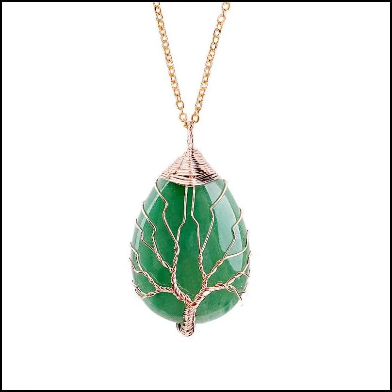 oval natural stone necklace pendant jewelry copper line wrapped tree of life necklaces for women charm jewelry