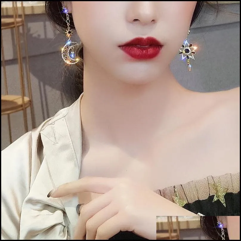 dangle & chandelier korean fashion asymmetrical rhinestones stud earrings female 2021 temperament long star and moon pendant