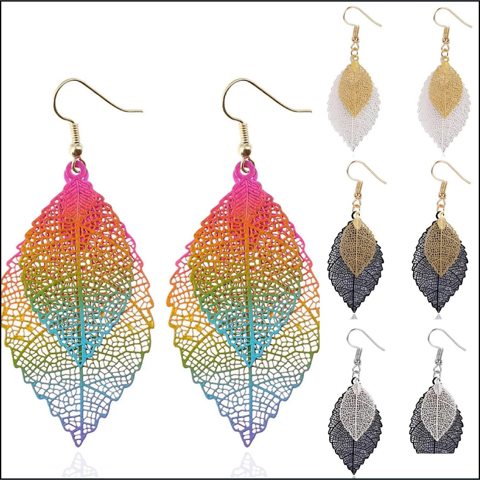 dangle chandelier trend fashion jewelry women statement hollow earrings lightweight colorful mixed color copper leaf earrings 77 n2