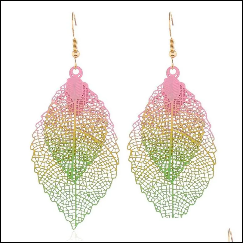 dangle chandelier trend fashion jewelry women statement hollow earrings lightweight colorful mixed color copper leaf earrings 77 n2