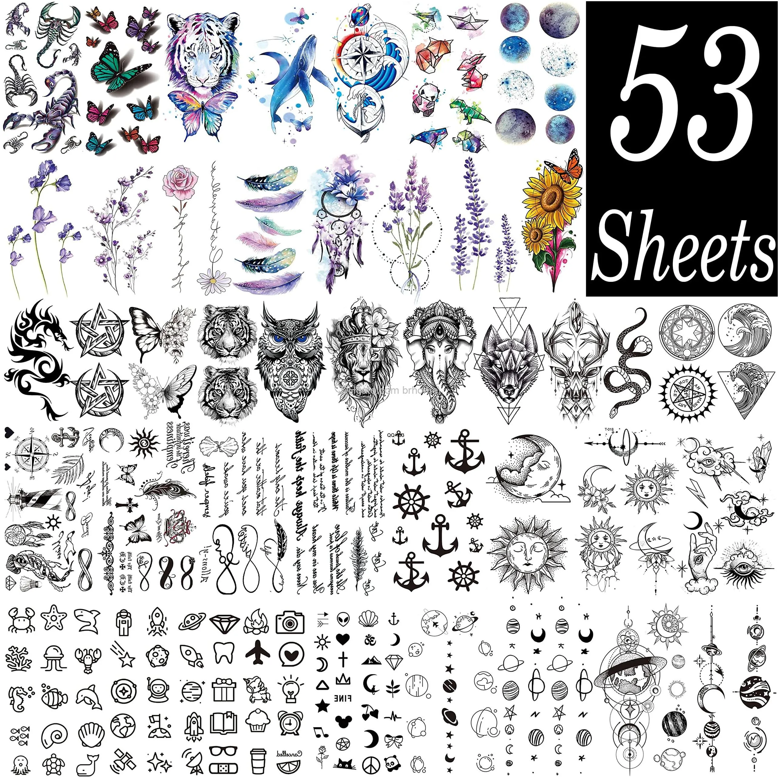 53 sheets large realistic tiger dragon  owl temporary tattoos for women thigh men arm adult half sleeve halloween skull fake tattoo sticker warrior wolf watercolor flower tatoos star decal