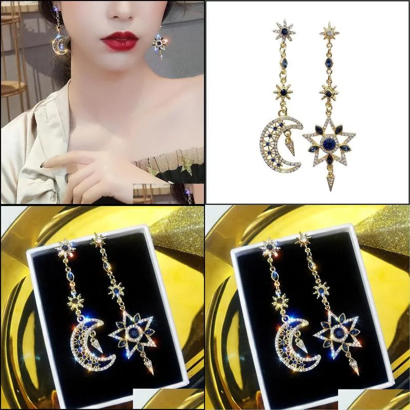 dangle & chandelier korean fashion asymmetrical rhinestones stud earrings female 2021 temperament long star and moon pendant