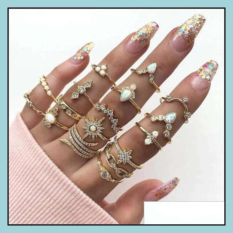 17 pcs/set fashion bohemia leaf crystal crown ring for women midi ring set ornament girl knuckle ring jewelry gift